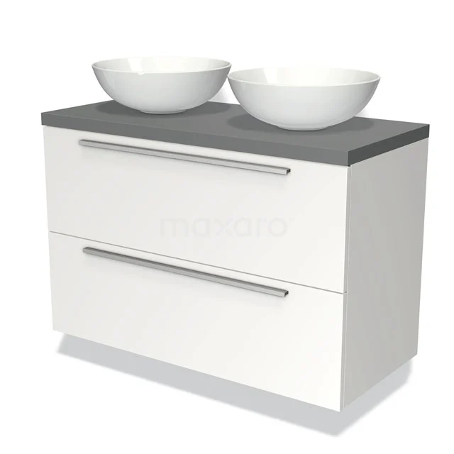 White bathroom unit with grey worktop, two ceramic countertop wash basins and metal handles, modern design.