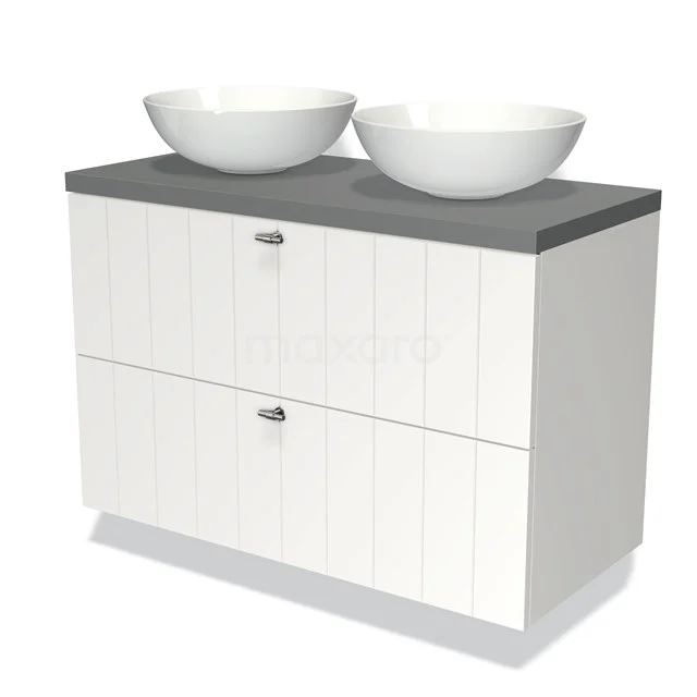 White vanity unit with wood-look panels, grey worktop and double round countertop wash basins; stylish bathroom design.