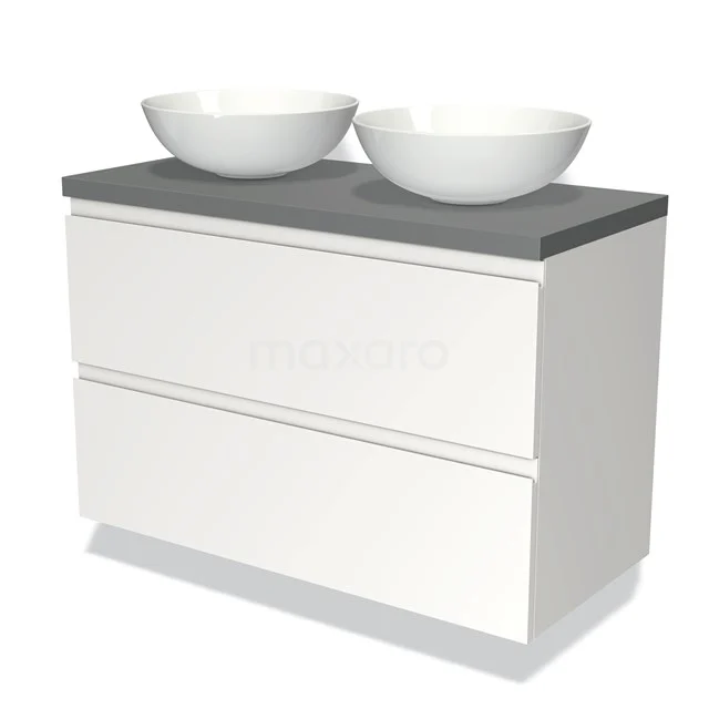 White double vanity unit with anthracite worktop and two surface-mounted bowls, sleek design for modern bathrooms.