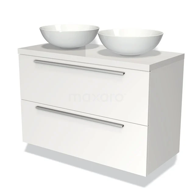 White bathroom unit with two round countertop wash basins, modern look, smooth finish and sleek stainless steel handles.