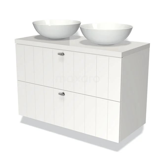 Badmöbel für Waschtischunterschrank mit Konsole 100cm Modulo Plato Matt Weiß 2 Schubladen Lamellen Hochglanz Weiß Platte BMK17-00694 Weiße Badmöbel mit doppeltem Aufsatzwaschbecken, modernes Rippmuster, ideal für ein stilvolles und organisiertes Badezimmer.