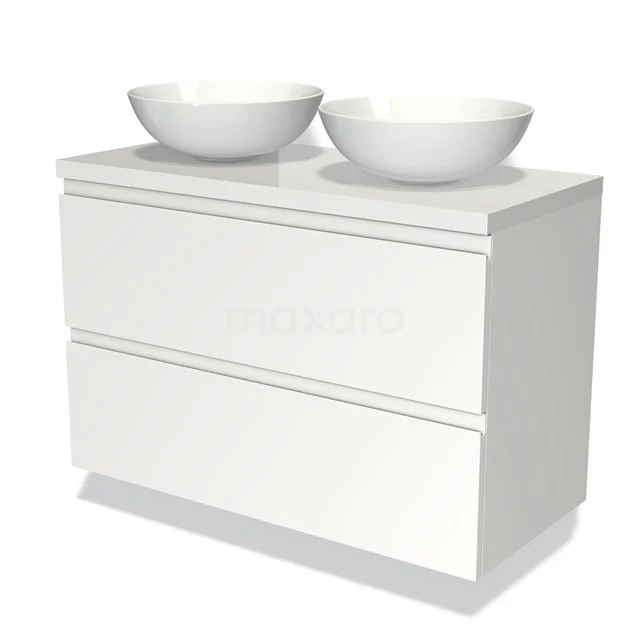 Weiße Badmöbelset mit zwei Schubladenschränken und doppelten runden Aufsatzwaschbecken, aus hochglanz MDF gefertigt.