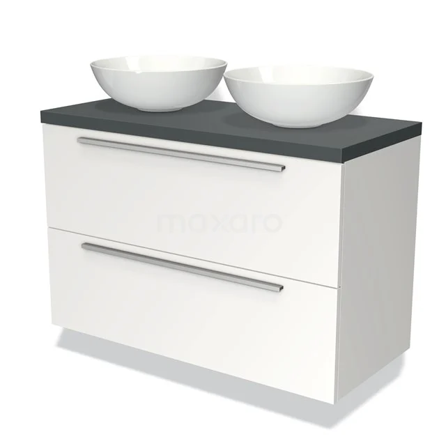 Weißes Doppel-Badezimmermöbel mit schwarzem Waschbecken und zwei runden, weißen keramischen Aufsatzwaschbecken, modernes Design.