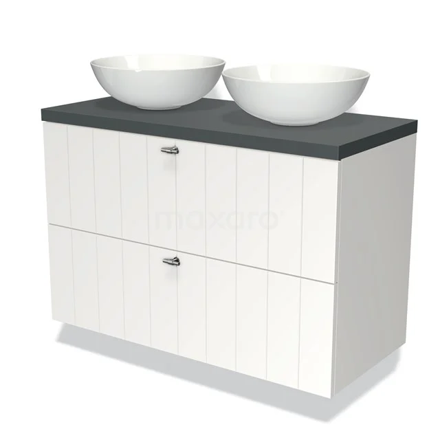 White bathroom unit with black top and double round vanity units for countertop wash basins, modern design, ideal for stylish bathroom design.