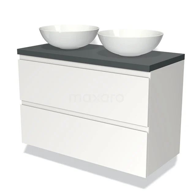 Weißes Doppel-Badmöbel mit anthrazitfarbenem Steinplatte und zwei Aufsatzwaschbecken, modernes Design.