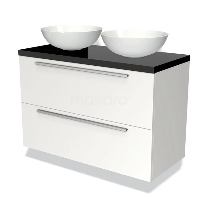 White bathroom unit with black worktop, double round basins and modern handles, ideal for stylish bathroom design.