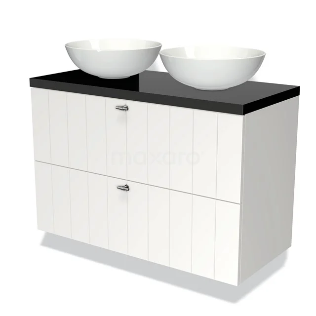 Weißes Badezimmermöbel mit schwarzer Platte und zwei runden Waschbecken, modernes Design mit doppelten Schubladen.