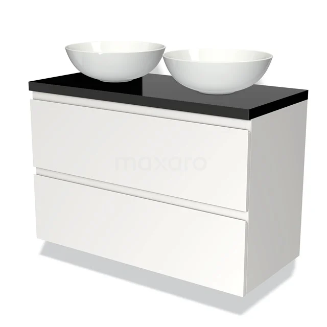 White bathroom unit with black worktop and double round countertop wash basins, modern design, ideal for stylish bathroom design.