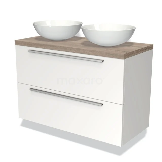 Wit badkamermeubel met twee wastafels, houtlook bovenblad, en twee brede lades, ideaal voor moderne badkameropslag.