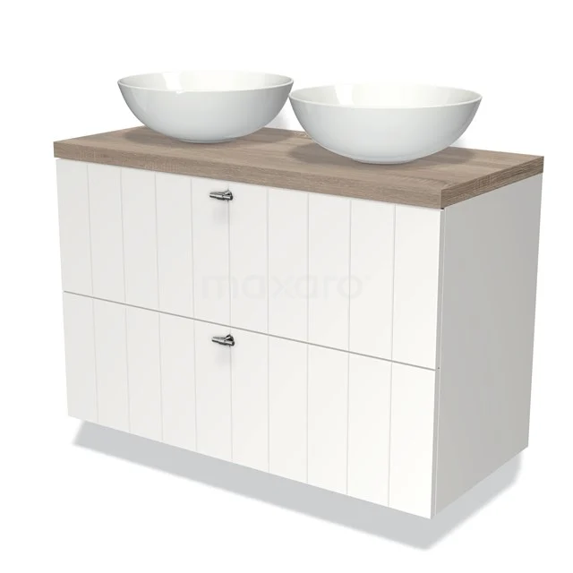 White wooden bathroom unit with two ceramic countertop wash basins and a natural oak worktop, perfect for a modern bathroom.