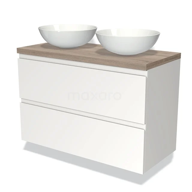 White bathroom unit with wood-look worktop and double round countertop wash basins, modern design for a stylish bathroom.