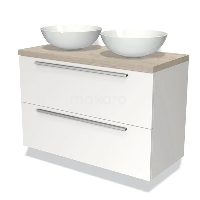 Weißes Badmöbel mit Holzlook Platte, zwei runde Waschbecken, Soft-Close Schubladen und modernem Design. Perfekt für stilvolle Bäder.