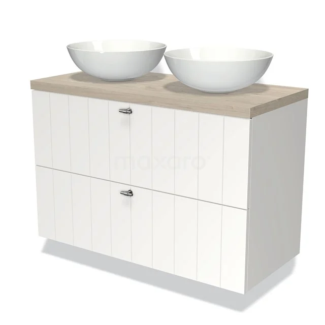 White wooden bathroom unit with two round basins, wood-look worktop and double drawers; ideal for a modern bathroom.