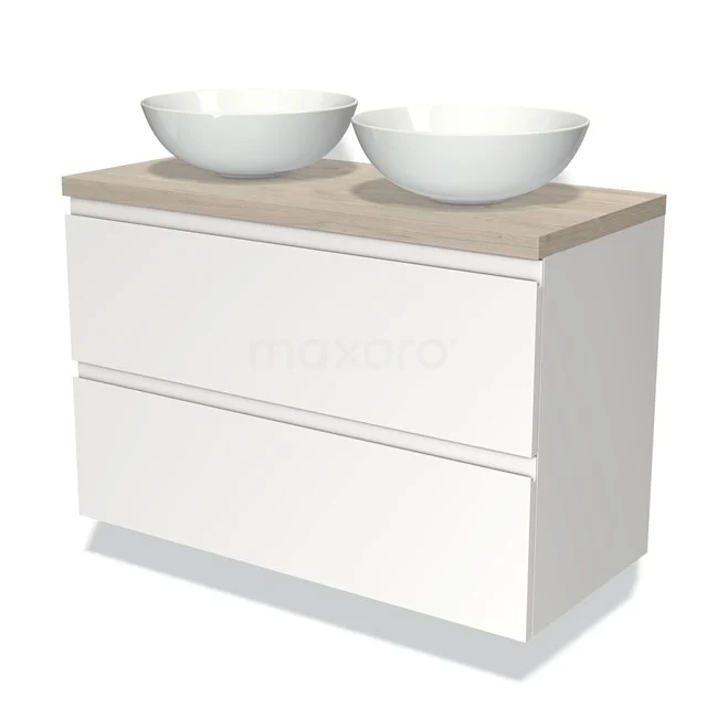 Weißes schwebendes Badmöbel mit zwei runden weißen Aufsatzwaschbecken und Holzplatte, modernes Design für stilvolle Bäder.