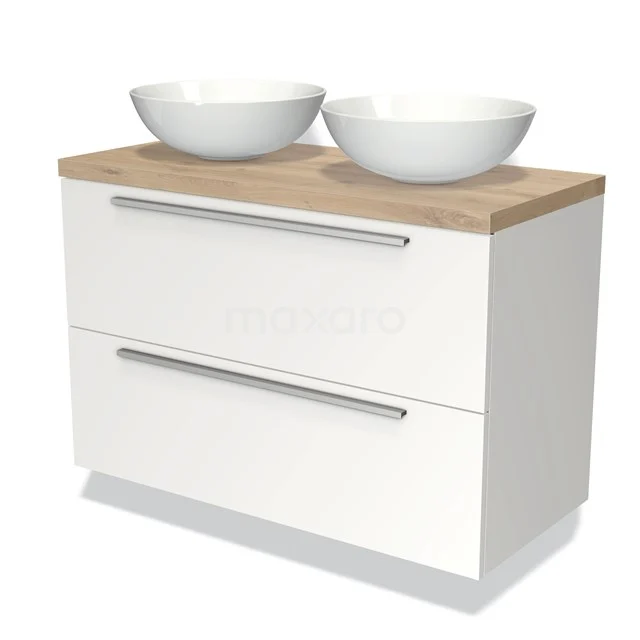 White bathroom unit with wooden worktop, two round countertop wash basins and metal handles, ideal for modern bathrooms.