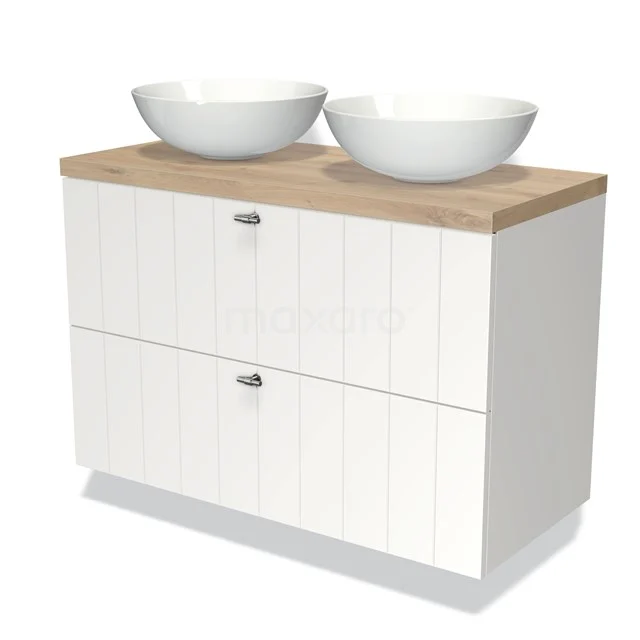 White bathroom unit with wooden worktop, double round worktops and two drawers; ideal modern storage solution for the bathroom.