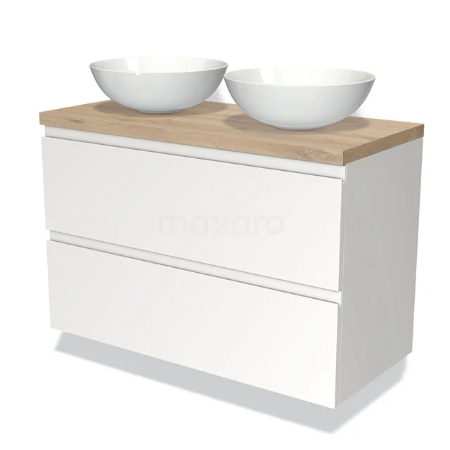 White bathroom furniture set with wood-look worktop and two round countertop wash basins, modern design ideal for a stylish bathroom.