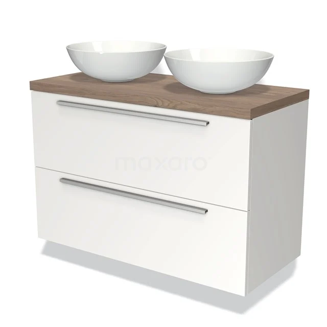 Weißes Badezimmermöbel mit Holzplatte und zwei Waschbecken, modernes Design, ideal für eine stilvolle Badezimmergestaltung.