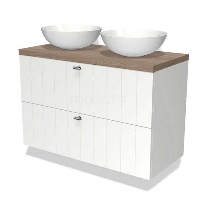 White bathroom unit with wood-look worktop, double countertop wash basins and vertical lines; stylish and practical design.