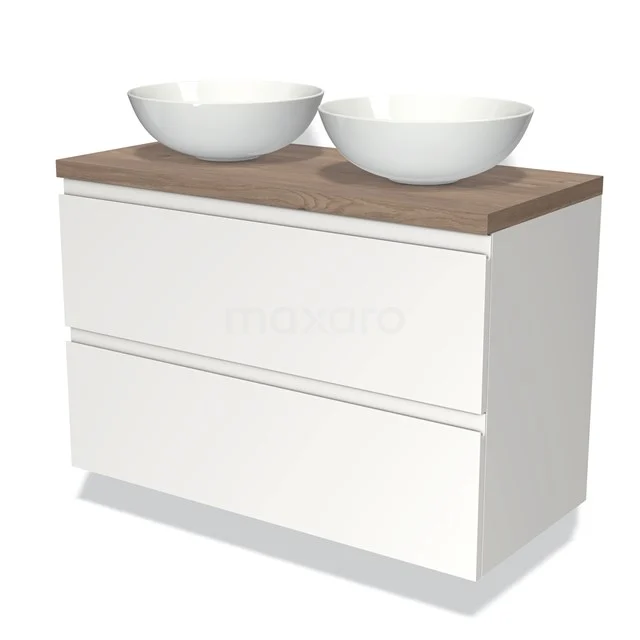 White bathroom furniture set with two round basins and a wooden worktop, perfect for modern bathrooms.
