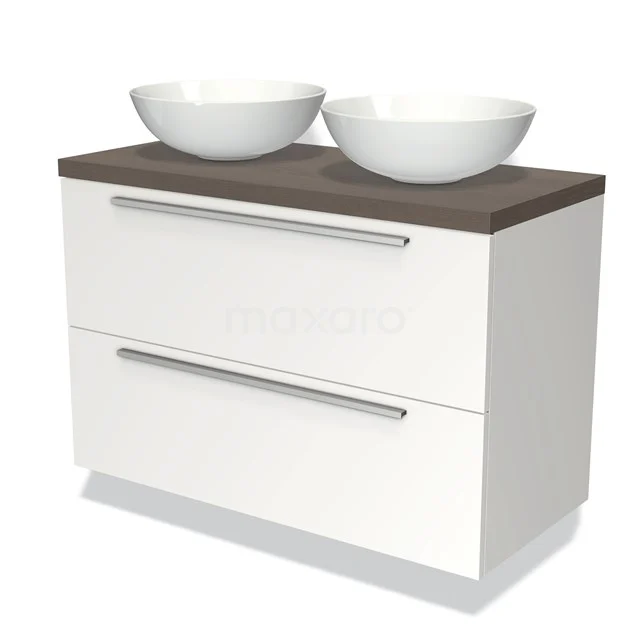 Weiße Badmöbel mit zwei keramischen Aufsatzwaschbecken, Holzplatte und modernen Designschubladen für stilvolle Badezimmerlagerung.