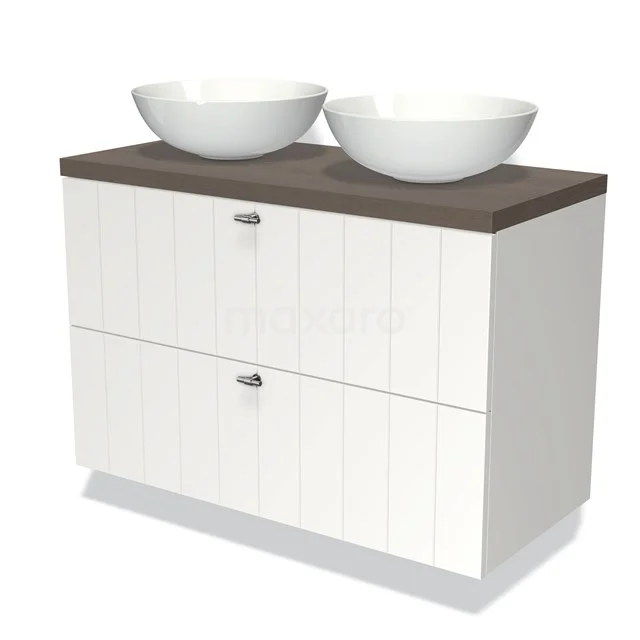 White bathroom unit with wood-look top, two round countertop wash basins, and drawers with ribbed pattern; stylish and practical design.