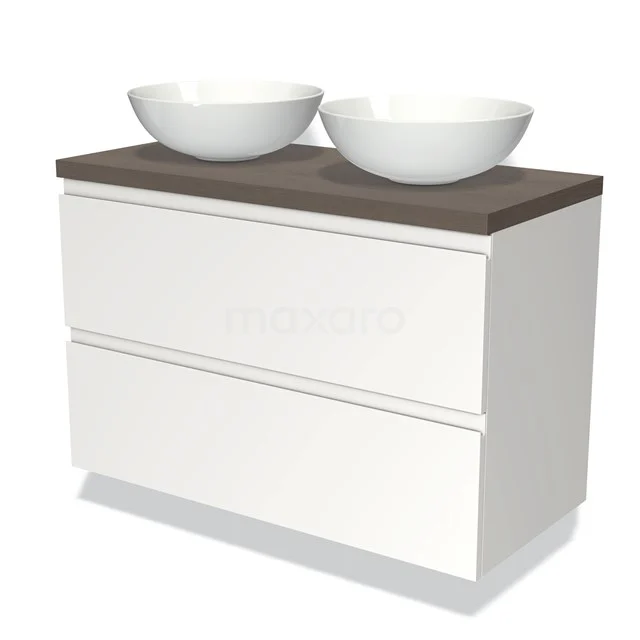 White vanity set with wood-look worktop and double countertop wash basins, ideal for modern bathroom design.