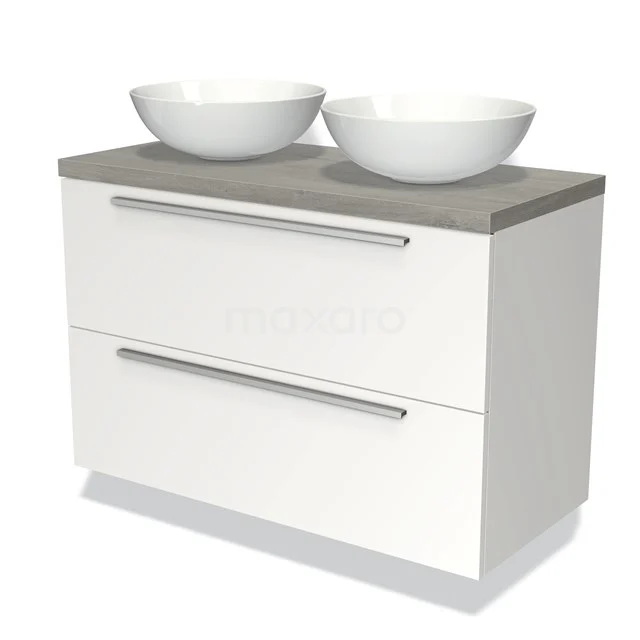 Weißes Badezimmermöbel mit zwei Schubladen, grauer Steinplatte und doppelten runden Waschbecken, modernes Design.