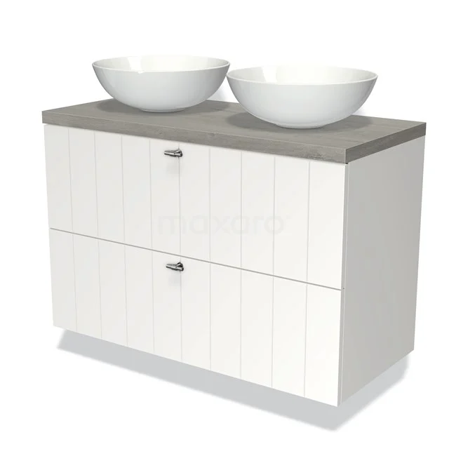 White wooden bathroom unit with two ceramic countertop wash basins and grey top plate, ideal for a modern bathroom design.