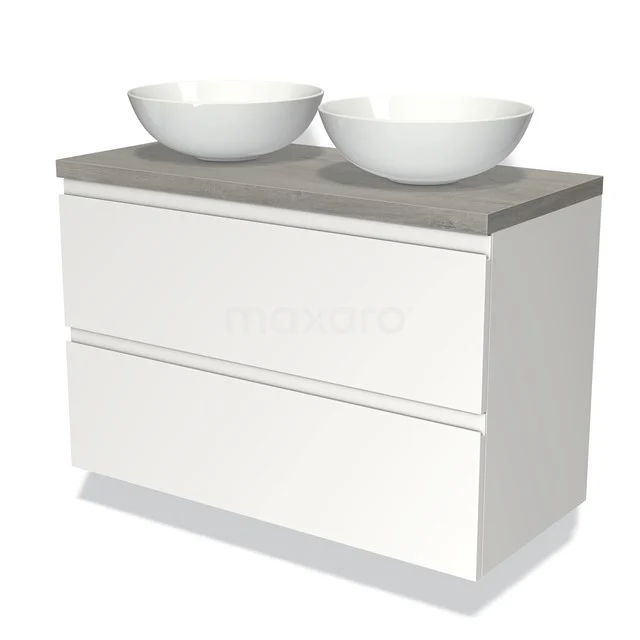 Waschtischunterschrank mit Konsole 100cm Modulo Plato Matt Weiß 2 Schubladen Grifflos Graue Eiche Platte BMK17-00719 Weißes Waschtisch mit zwei runden Aufsatzwaschbecken und grauer Betonplatte, perfekt für eine moderne Badezimmer Einrichtung.