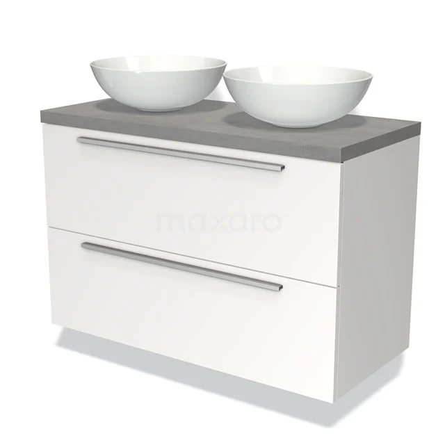 Weißes Badezimmermöbel mit mattem grauem Top, zwei runden Waschbecken und doppeltem Schubladenschrank, ideal für moderne Badezimmer.