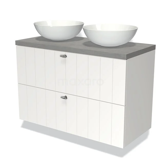 White bathroom unit with two round basins and grey worktop, modern double basin solution for a stylish bathroom.