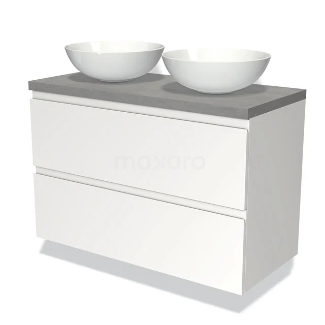 Waschtischunterschrank mit Konsole 100cm Modulo Plato Matt Weiß 2 Schubladen Grifflos hellgrauer Beton Platte BMK17-00722 Moderne weiße Badschrank mit grauer Platte und doppelten runden Aufsatzwaschbecken; schlankes Design und Funktionalität kombiniert.