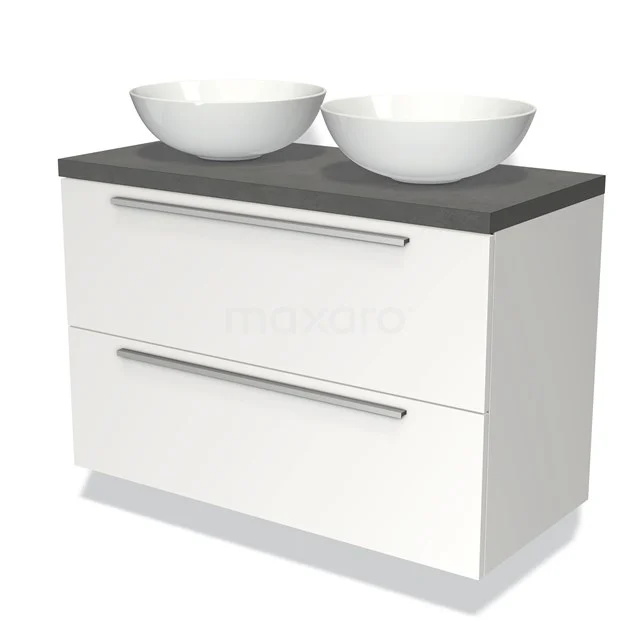 Badmöbel für Waschtischunterschrank mit Konsole 100cm Modulo Plato Matt Weiß 2 Schubladen Flach Dunkelgrau Beton Platte BMK17-00723 Weißes Badezimmermöbel mit doppeltem Aufsatzwaschbecken, grauer Platte, modernen Haltegriffen und zwei Schubladen, ideal für ein stilvolles Badezimmer.