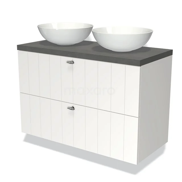 Weißes Badezimmermöbel mit Doppelwaschbecken, schwarzer Platte, modernem Design und vertikalen Rillen für eine stilvolle Badezimmergestaltung.