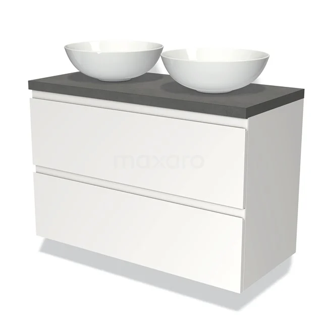 Weiße Badmöbelset mit zwei keramischen Waschbecken und einer Dunkelgrau Arbeitsplatte, schlankes Design und moderne Ausstrahlung.