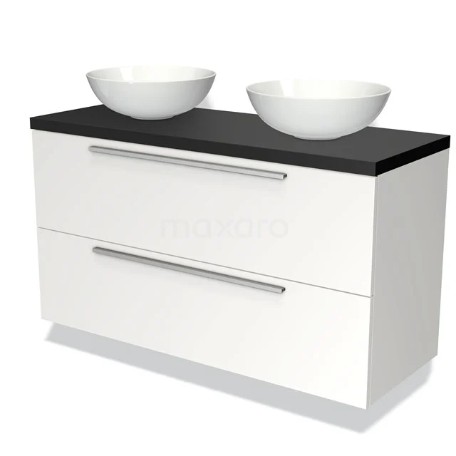 Weißes Badezimmermöbel mit schwarzer Platte, zwei keramischen Aufsatzwaschbecken und doppelten Schubladen. Modernes Design für stilvolle Bäder.