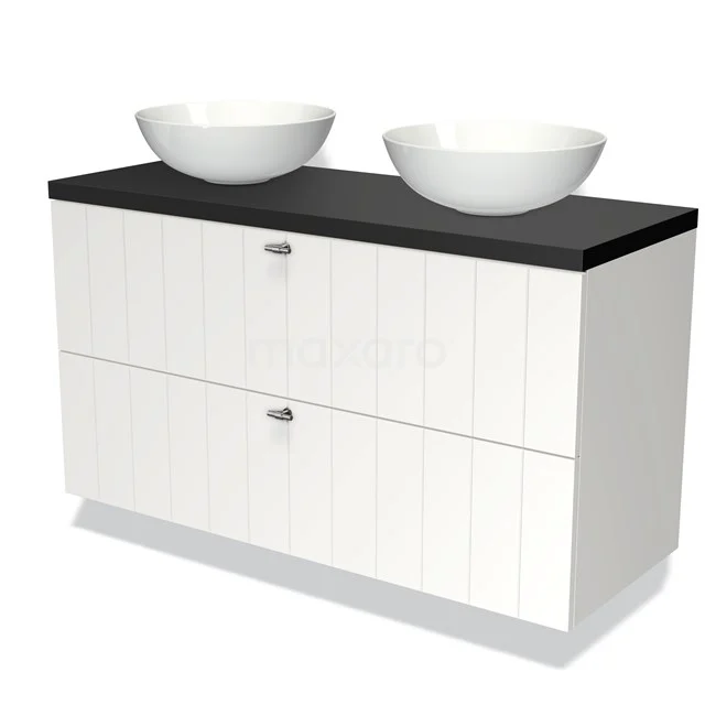 Weißes Holz-Badmöbel mit zwei runden Waschbecken und einer schwarzen Platte, ideal für moderne Bäder.