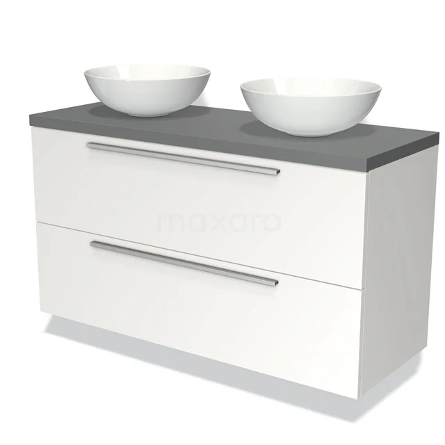 Wit badkamermeubel met grijze bovenkant, dubbele waskommen en metalen handgrepen, strak design voor moderne badkamers.
