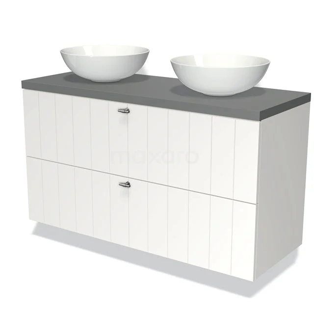 Weißes Badezimmermöbel mit grauer Oberplatte, doppeltem Aufsatzwaschbecken, Paneelfront und zwei geräumigen Schubladen; modernes und stilvolles Design.