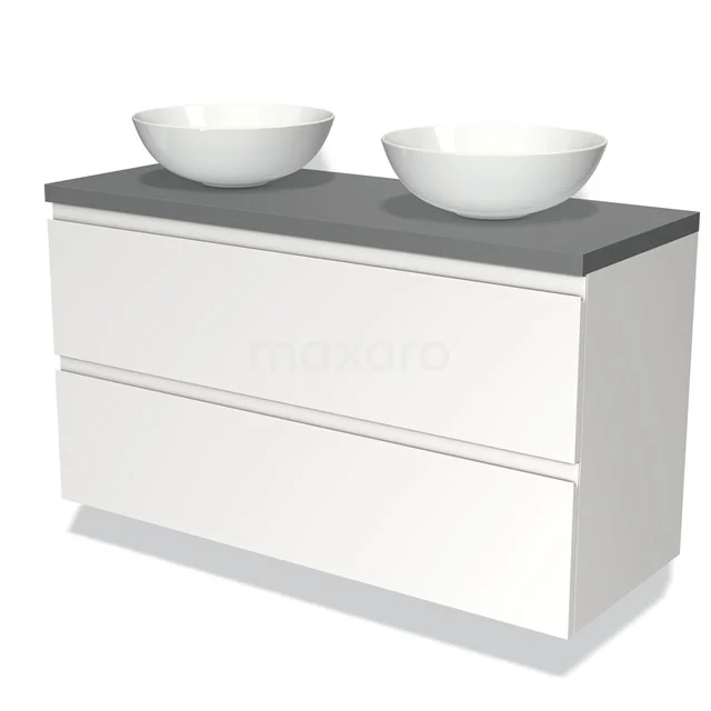 Wit badkamermeubel met grijze top, dubbele waskom en modern design, ideaal voor stijlvolle en functionele badkamerinrichting.
