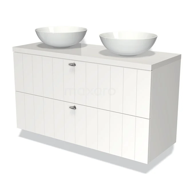 Weißes Badezimmermöbel mit doppeltem Aufsatzwaschbecken, moderne Ausstrahlung, zwei Schubladen mit Metallgriffen, ideal für ein stilvolles Badezimmer.