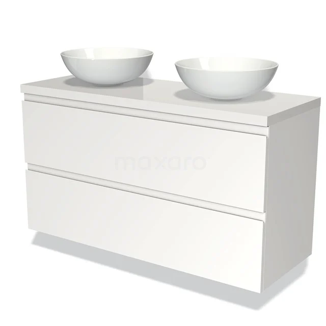 Badmöbel für Waschtischunterschrank mit Konsole 120cm Modulo Plato Matt Weiß 2 Schubladen Grifflos Hochglanz Weiß Platte BMK17-00734 Weiße Badmöbel mit zwei runden Aufsatzwaschbecken, moderner Stil, sanfte Ecken und klares Design.