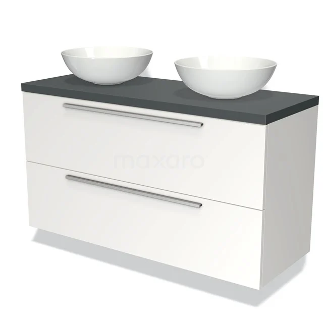 Weißes Holz-Badmöbel mit anthrazitfarbener Platte, doppeltem Aufsatzwaschbecken und zwei Schubladen, ideal für moderne Bäder.