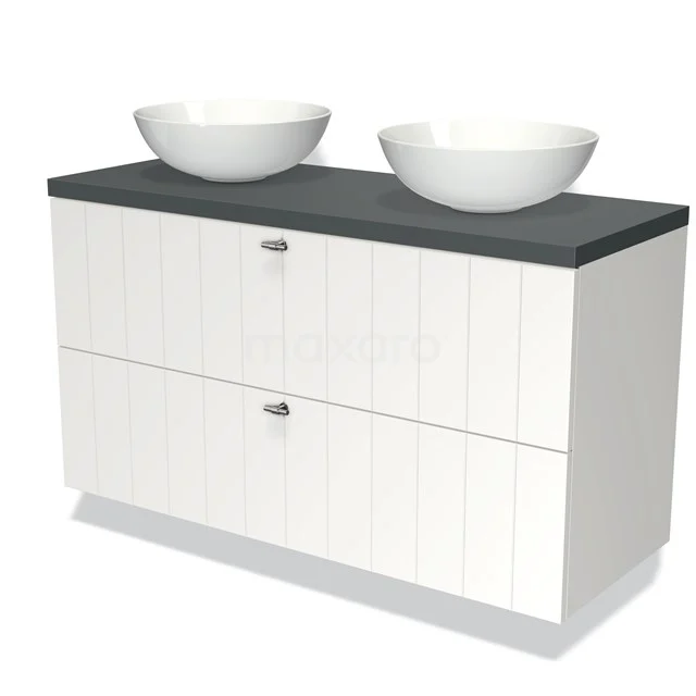 Weißes Doppelwaschtischmöbel mit ländlichen Paneelen, anthrazitfarbenem Platte und zwei runden Aufsatzwaschbecken, ideal für ein modernes Badezimmer.