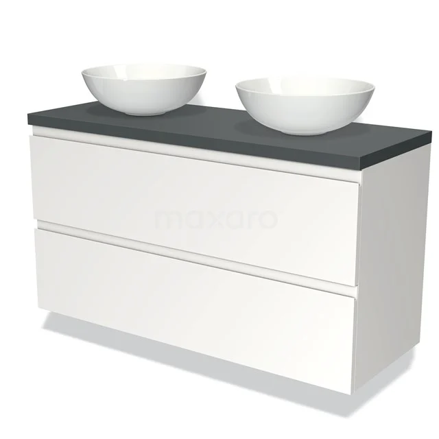 Weißes Badezimmermöbel mit zwei runden Waschbecken, Dunkelgrau Platte und Schubladen-Design, ideal für eine moderne Badezimmer Einrichtung.