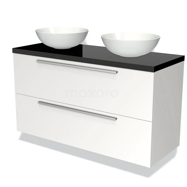 Wit badkamermeubel met zwarte bovenblad, twee ronde keramische wastafels, strakke lades en modern design.