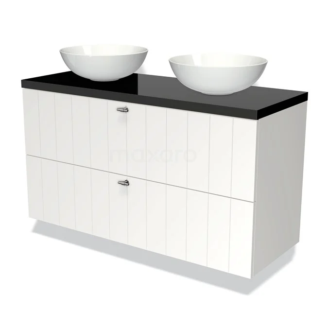 Weiße Badmöbelset mit schwarzer Platte, doppelten runden Aufsatzwaschbecken, modernem Design und gerippten Schubladen.