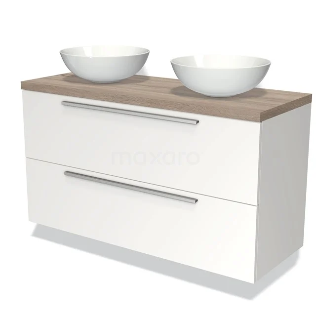 Wit badkamermeubel met houtlook blad en twee ronde waskommen, modern design met strakke lades en chromen handgrepen.