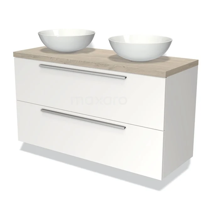 Wit badkamermeubel met houtkleurig blad, dubbele wastafelkommen en metalen handgrepen, modern design.